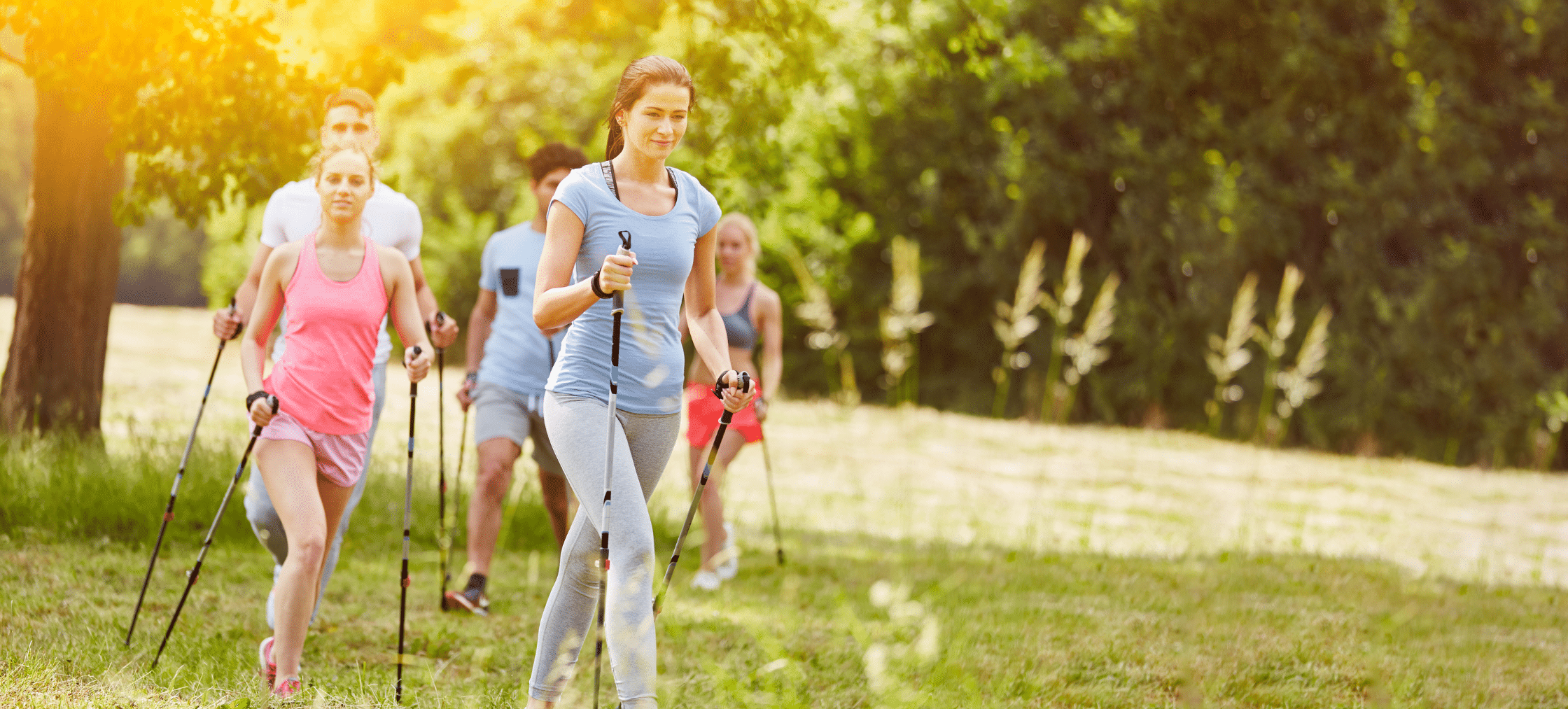 Nordicwalking Gruppe in der Natur. Im Hintergrund Bäume und hohes Gras. Die Sonne scheint und steht schon tief.